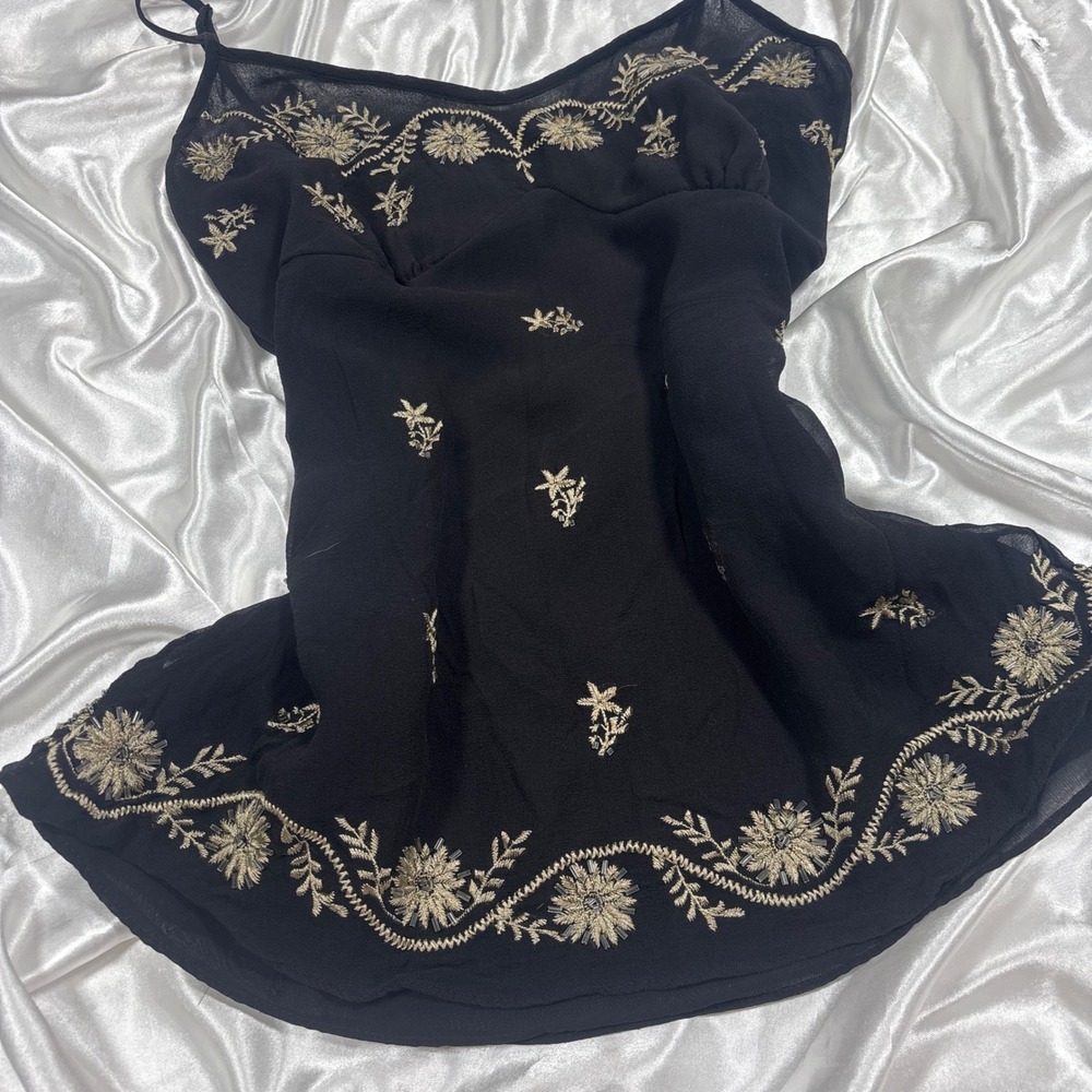 y2k Cami Top Black Excellent Willi Smith Silk Embroidered Beaded Floral Tank - Picture 2 of 7